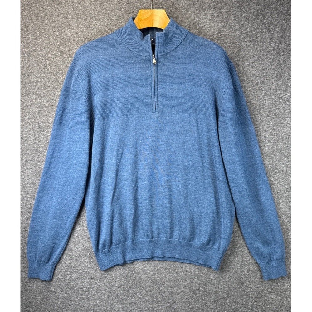 Cutter & Buck 1/4 Zip Sweater Mens L Blue Merino Wool Blend Preppy Golf Pullover